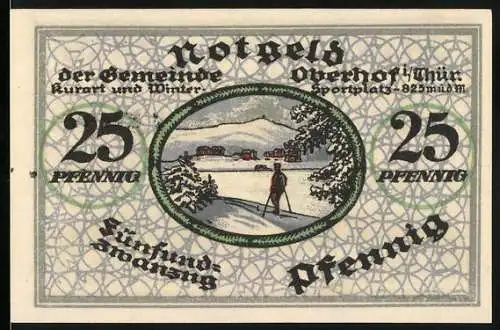 Notgeld Oberhof, 1919, 25 Pfennig, Wintersport in verschneiter Landschaft, Seriennummer 12568