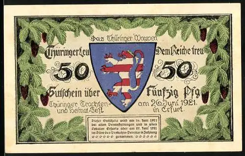 Notgeld Erfurt 1921, 50 Pfennig, Thüringer Wappen und Trachtenbilder