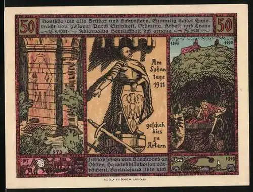 Notgeld Artern 1921, 50 Pfennig, historische Darstellungen und Inschriften