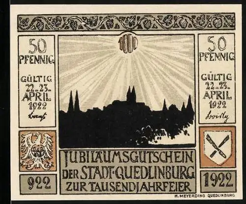 Notgeld Quedlinburg 1922, 50 Pfennig, Jubiläumsgutschein zur Tausendjahrfeier und Das älteste Haus Zeichnung