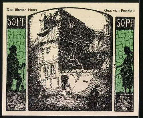 Notgeld Quedlinburg 1922, 50 Pfennig, Jubiläumsgutschein zur Tausendjahrfeier und Das älteste Haus Zeichnung