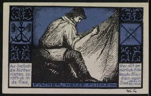 Notgeld Lübeck 1921, 50 Pfennig, Fischer und Landschaft, Netz flickend