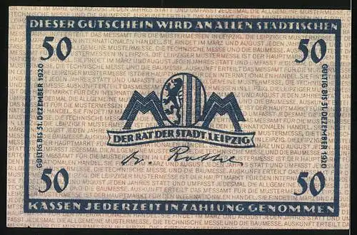 Notgeld Leipzig, 1920, 50 Pfennig, Gutschein mit Seriennummer und Stadtwappen