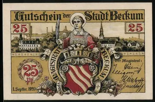 Notgeld Beckum, 1920, 25 Pfennig, Stadtwappen und Stadtansicht, Rückseite mit Soldaten und Sonnenmotiv