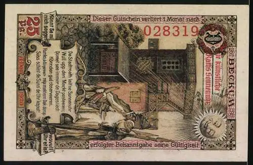 Notgeld Beckum, 1920, 25 Pfennig, Stadtwappen und Stadtansicht, Rückseite mit Soldaten und Sonnenmotiv