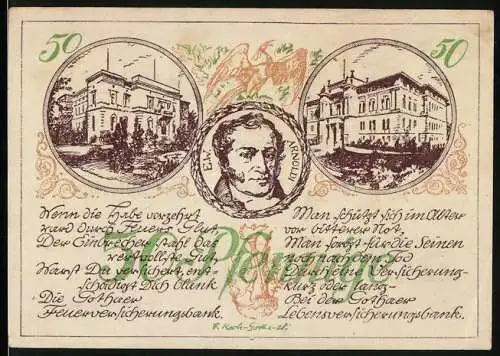 Notgeld Gotha 1921, 50 Pfennig, Illustration von Gebäuden und Porträt von Ernst Arnold