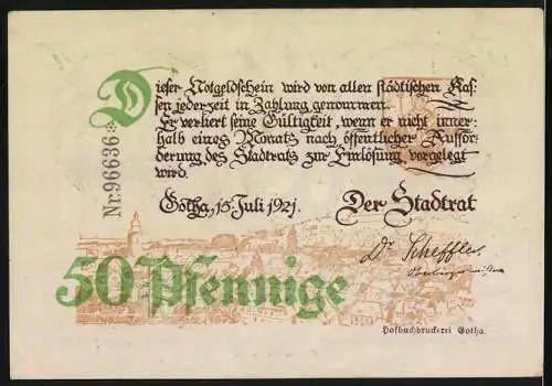 Notgeld Gotha 1921, 50 Pfennig, Illustration von Gebäuden und Porträt von Ernst Arnold