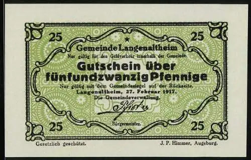 Notgeld Langenaltheim, 1917, 25 Pfennig, Gutschein über fünfundzwanzig Pfennige, Gemeindesiegel auf Rückseite
