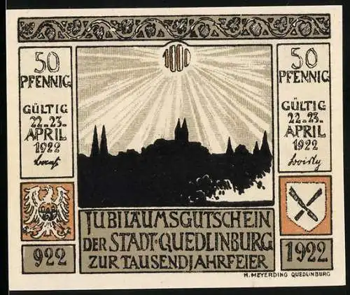 Notgeld Quedlinburg, 1922, 50 Pfennig, Jubiläumsgutschein zur Tausendjahrfeier und König Heinrichs Grab