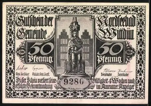 Notgeld Wittdün, 50 Pfennig, Abbildung einer Küstenszene und einer Statue mit Seriennummer 9280