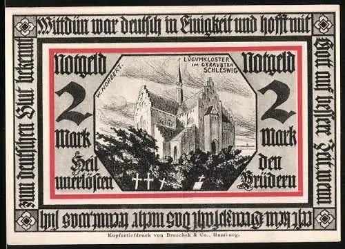 Notgeld Wittdün, 2 Mark, Lügumkloster und Adler, Kupferdruck von Broschek & Co., Hamburg