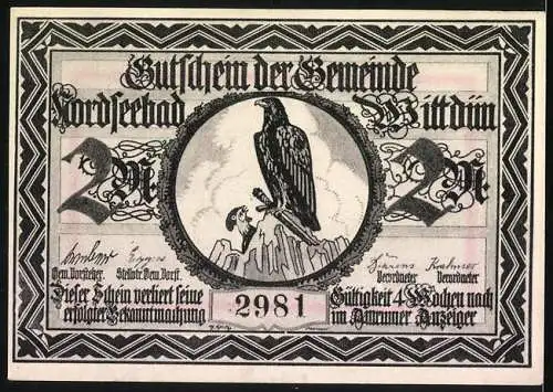 Notgeld Wittdün, 2 Mark, Lügumkloster und Adler, Kupferdruck von Broschek & Co., Hamburg