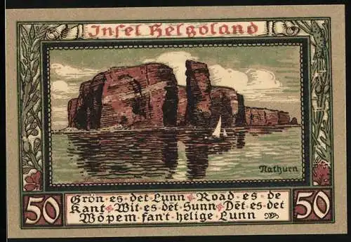 Notgeld Helgoland, 1921, 50 Pfennig, Bild der Felsen und Heiligenfigur mit Pflanzen und Tieren