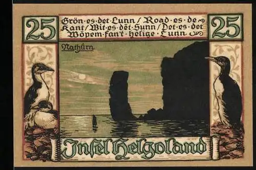 Notgeld Insel Helgoland, 1921, 25 Pfennig, Darstellung der Küste und Vögel, Heiligenabbildung und Wappen