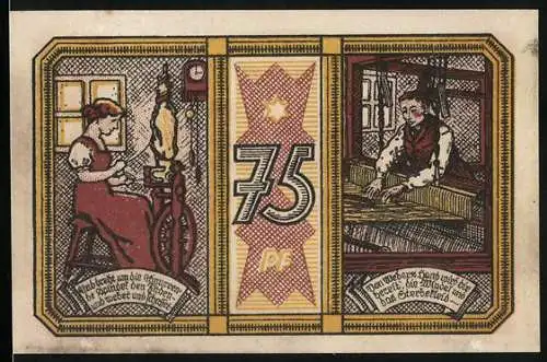 Notgeld Katscher, 1921, 75 Pf, Weber und Spinner, Stadtwappen und Lokomotive