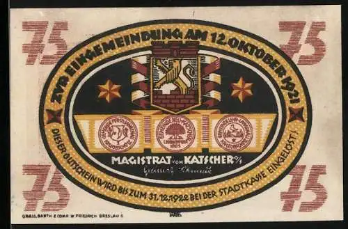 Notgeld Katscher, 1921, 75 Pfennig, Feier zur Eingemeindung, Handwerker-Motive