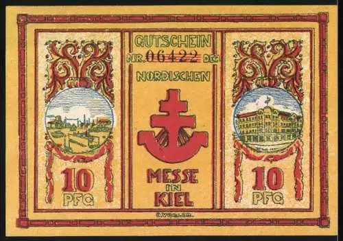 Notgeld Kiel, 1921, 10 Pfennig, Gutschein der Nordischen Messe in Kiel mit roten Greifen und Gebäuden