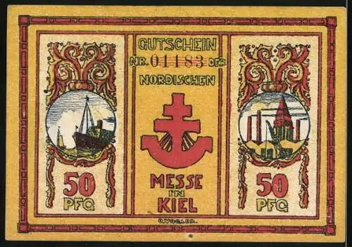 Notgeld Kiel, 1921, 50 Pfennig, Nordische Messe, Arbeiter und Schiffe