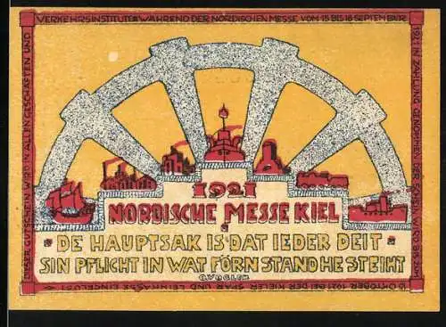 Notgeld Kiel, 1921, 25 Pfennig, Nordische Messe mit Stadtansichten und Spruch in Plattdeutsch