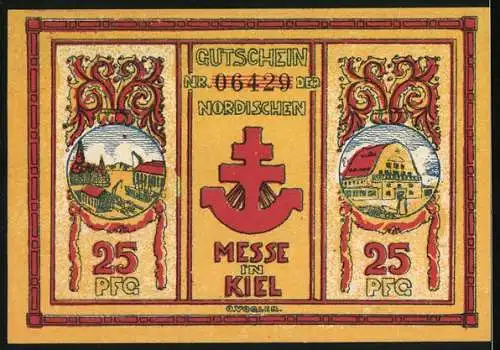 Notgeld Kiel, 1921, 25 Pfennig, Nordische Messe mit Stadtansichten und Spruch in Plattdeutsch