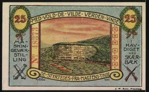 Notgeld Skaerbaek 1920, 25 Penning, dänische Flaggen und Landschaftsszene mit Festung