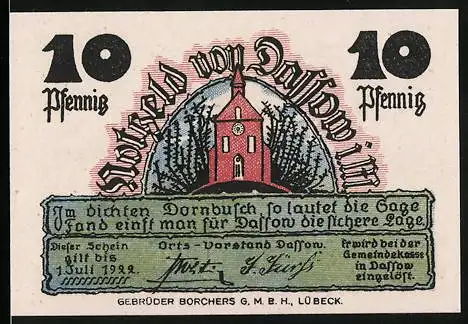 Notgeld Dassow, 1922, 10 Pfennig, Kirche, Gedicht und Sensenmann auf der Rückseite