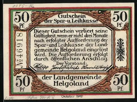 Notgeld Helgoland, 1919, 50 Pf, Gutschein der Spar- und Leihkasse mit Landschaft und Wappen der Insel Helgoland