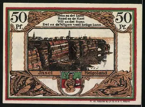 Notgeld Helgoland, 1919, 50 Pf, Gutschein der Spar- und Leihkasse mit Landschaft und Wappen der Insel Helgoland