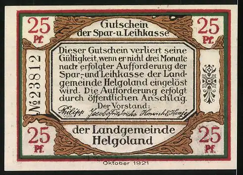 Notgeld Helgoland, 1921, 25 Pf, Gutschein der Spar- und Leihkasse, Insel Helgoland Motiv