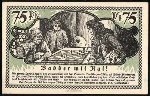 Notgeld Ströbeck 1921, 75 Pfennig, Schachspiel mit Beratung und Adlerwappen