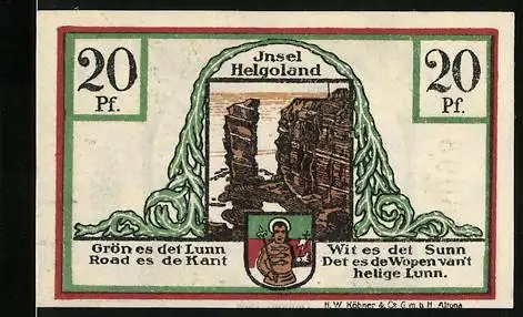 Notgeld Helgoland, 1916, 20 Pf, Insel Helgoland mit Klippe und Text, Gutschein der Langgemeinde Helgoland