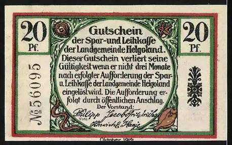 Notgeld Helgoland, 1916, 20 Pf, Insel Helgoland mit Klippe und Text, Gutschein der Langgemeinde Helgoland