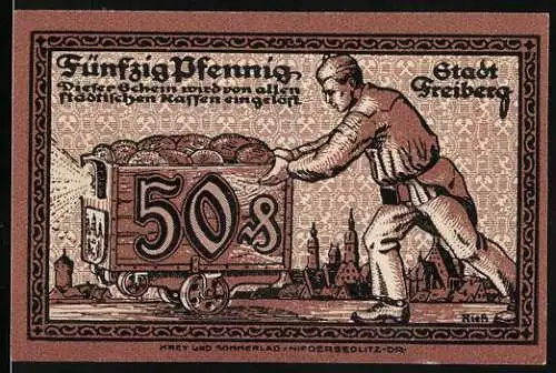 Notgeld Freiberg, 1921, 50 Pfennig, Darstellung von Bergmann mit Kohlenwagen