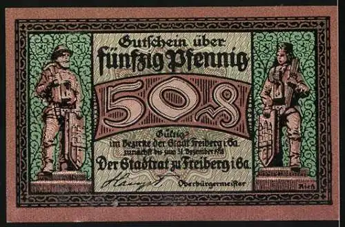 Notgeld Freiberg, 1921, 50 Pfennig, Darstellung von Bergmann mit Kohlenwagen