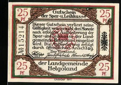 Notgeld Helgoland, 1919, 25 Pf, Gutschein der Spar- u. Leihkasse der Landgemeinde Helgoland, Landschaftsbild und Wappen