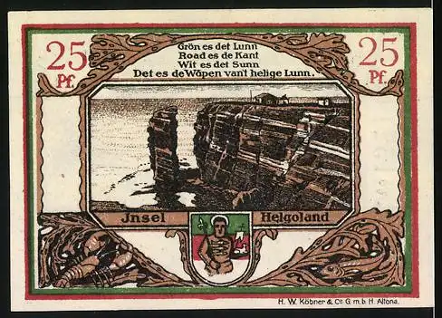 Notgeld Helgoland, 1919, 25 Pf, Gutschein der Spar- u. Leihkasse der Landgemeinde Helgoland, Landschaftsbild und Wappen