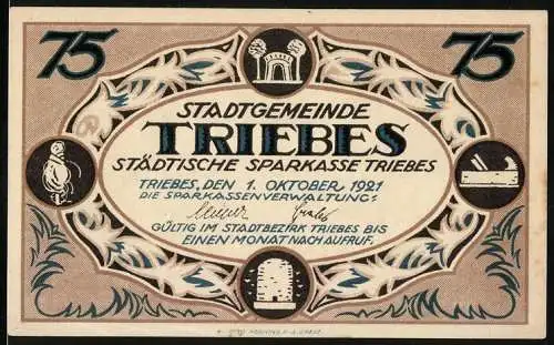 Notgeld Triebes 1921, 75 Pfennig, Stadtgemeinde Triebes mit Industrie- und Gewerbeausstellung