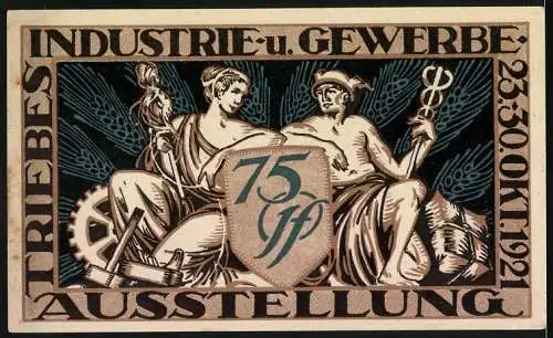 Notgeld Triebes 1921, 75 Pfennig, Stadtgemeinde Triebes mit Industrie- und Gewerbeausstellung