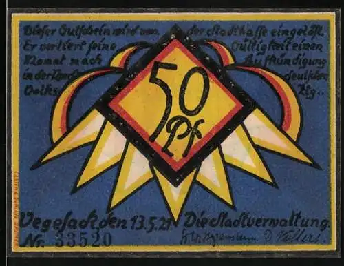 Notgeld Vegesack 1921, 50 Pfennig, Stadtverwaltung mit Schiff und Häusern