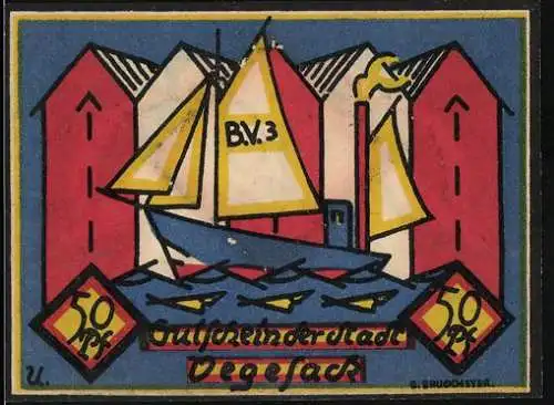 Notgeld Vegesack, 1921, 50 Pfennig, Segelboot vor bunten Häusern und Industrieanlage