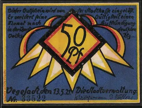 Notgeld Vegesack 1921, 50 Pfennig, Segelschiffe und Stadtansicht