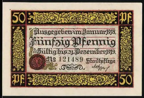 Notgeld Rottweil 1918, 50 Pfennig, Kriegsnotgeld mit Adler und floralen Verzierungen, gültig bis 1919
