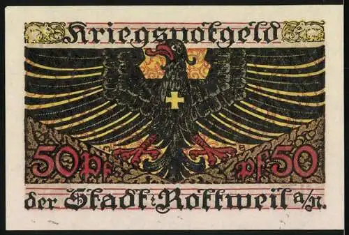 Notgeld Rottweil 1918, 50 Pfennig, Kriegsnotgeld mit Adler und floralen Verzierungen, gültig bis 1919