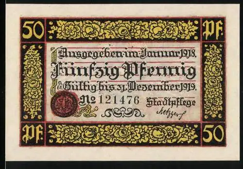 Notgeld Rottweil 1918, 50 Pfennig, Kriegsnotgeld mit Adler und Stadtwappen, gültig bis Dezember 1919