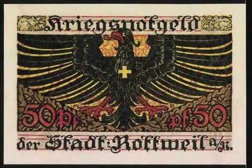 Notgeld Rottweil 1918, 50 Pfennig, Kriegsnotgeld mit Adler und Stadtwappen, gültig bis Dezember 1919