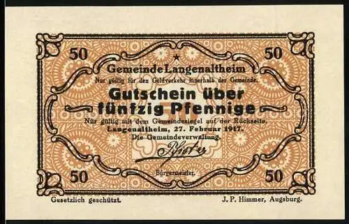 Notgeld Langenaltheim, 1917, 50 Pfennig, Gemeinde Langenaltheim, Rückseitig Gemeindestempel
