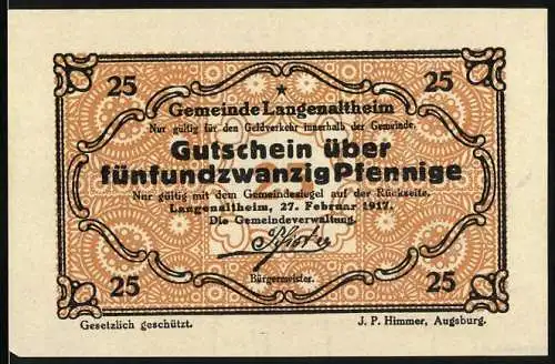 Notgeld Langenaltheim, 1917, 25 Pfennig, Gutschein über fünfundzwanzig Pfennige, Gemeindesiegel auf Rückseite