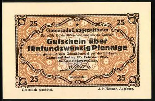 Notgeld Langenaltheim, 1917, 25 Pfennig, Gutschein über fünfundzwanzig Pfennige, Gemeinde Langenaltheim