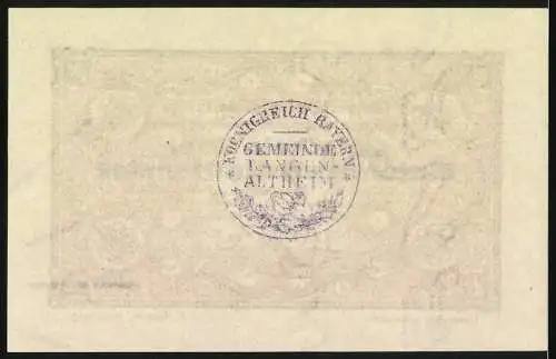 Notgeld Langenaltheim 1917, 25 Pfennig, Gutschein über fünfundzwanzig Pfennig mit Gemeindesiegel auf der Rückseite