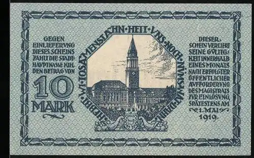 Notgeld Kiel 1918, 10 Mark, Gutschein der Stadt Kiel über Zehn Mark, Nummer 634391